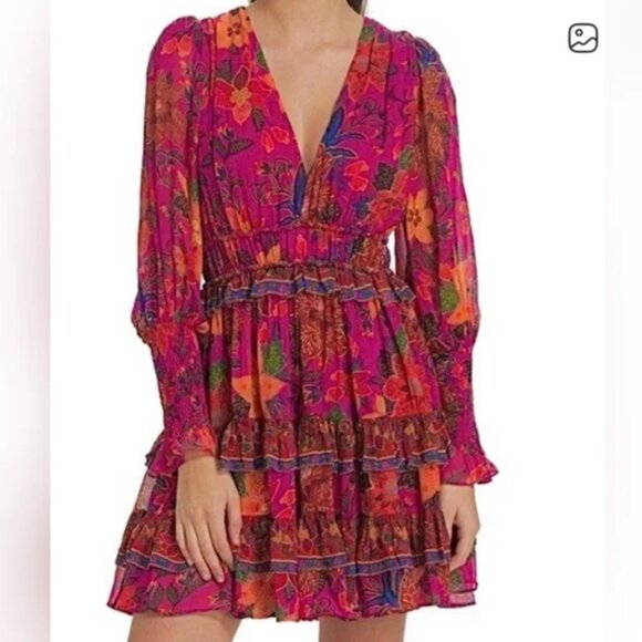 Farm Rio Tropical Tapestry Colorful Long Sleeve Mini Dress size M - Picture 3 of 9
